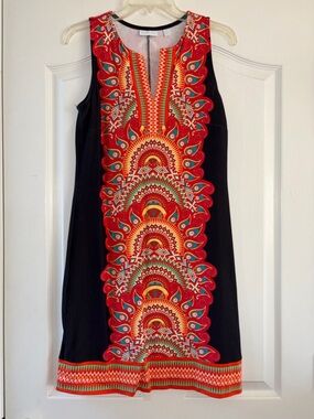 New York & Company Black Midi Dress with Red Orange Multicolor Tribal Print
